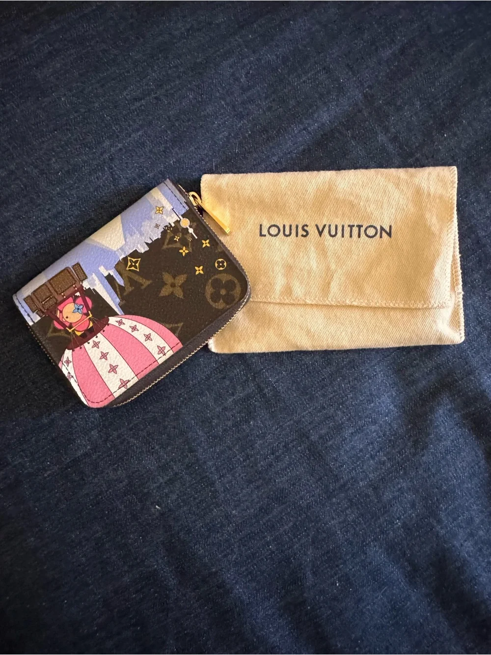 Louis Vuitton Brown Monogram Canvas Card Holder with Pink and Blue Illustration